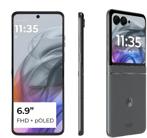 Motorola Razr phone showing front, side, and back views with dimensions displayed.