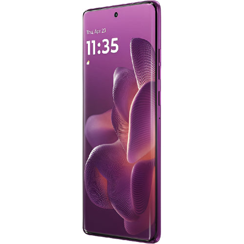 Smartphone with a purple and pink abstract design on the screen against a white background