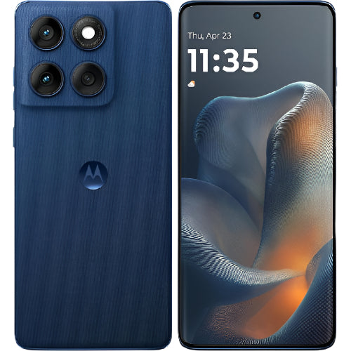 Blue smartphone showing back and front views on a white background