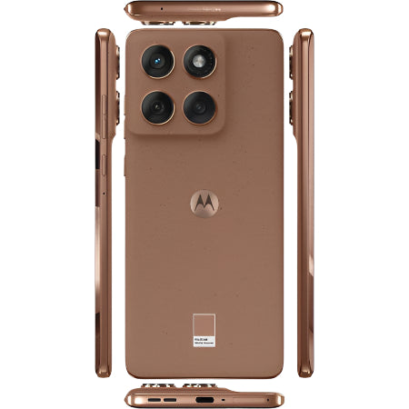 Brown smartphone showing back, side, and front views on a white background