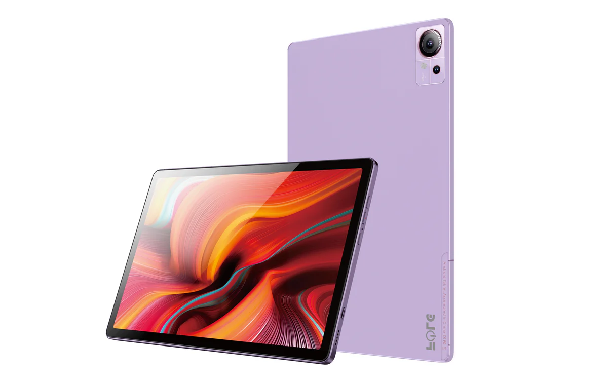 Purple tablet with colorful display on a white background