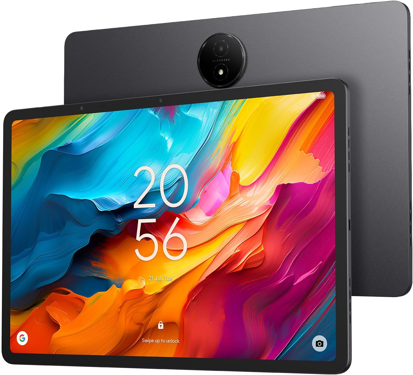 Tablet with colorful display and back view showing camera