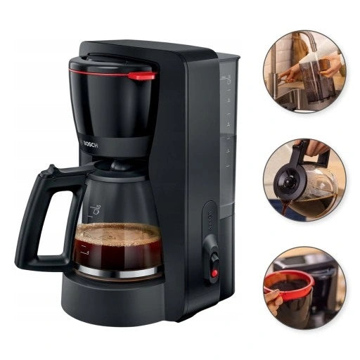 Bosch Coffee Maker MyMoment in black color, with images showing the coffee maker's front view and additional features such as the brewing process and coffee cup.