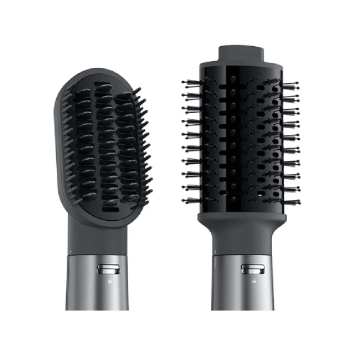 Two black hair styling tools with bristle and round brush attachments on a white background