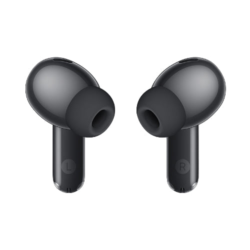 Black wireless earbuds on a white background