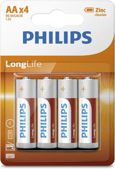 Philips LongLife Zinc Batteries AA, Pack of 4, Silver