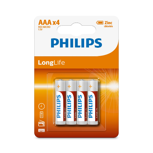 Philips LongLife Zinc Batteries AAA, Pack of 4, Silver