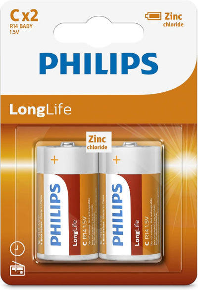 Philips LongLife Zinc Batteries C, Pack of 2, Silver