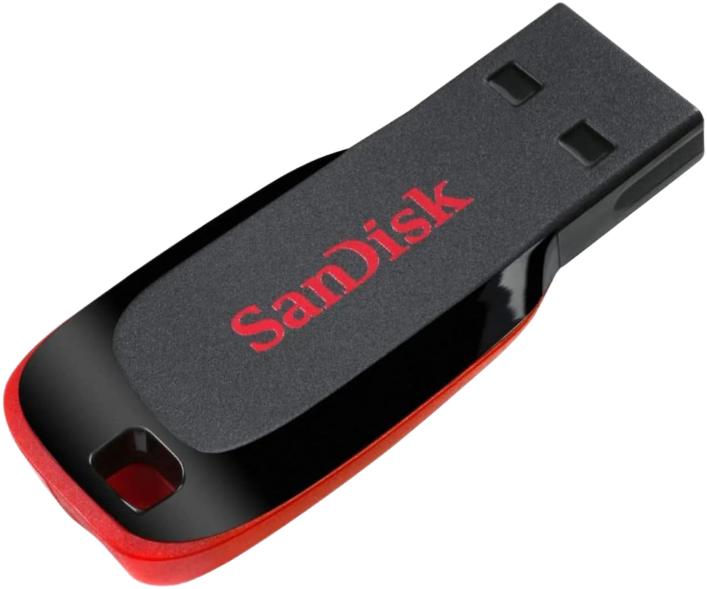 SanDisk USB flash drive with red and black design on a white background