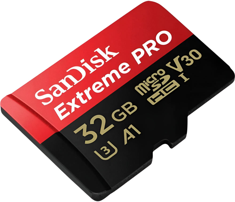 SanDisk Extreme Pro microSD card with red and black design on a white background