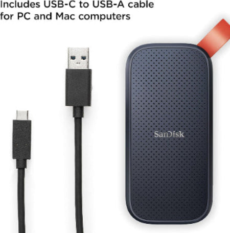 SanDisk external hard drive with USB-C and USB-A cables on a white background