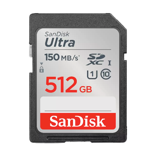 SanDisk Ultra SD card with 512GB capacity on a white background