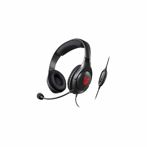 Black gaming headset with red logo on a white background