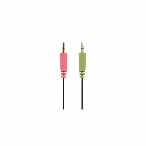 Two audio cables with pink and green connectors on a white background
