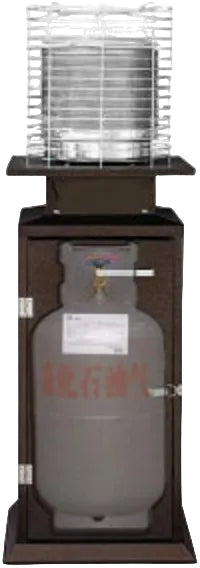 Propane tank with a metal stand on a wooden base