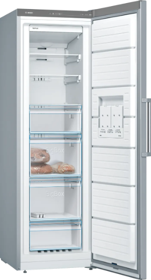 Frost-free refrigerator with open door showing interior shelves and compartments.