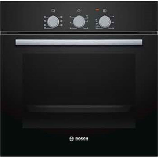 Black Bosch oven with control panel on a dark background