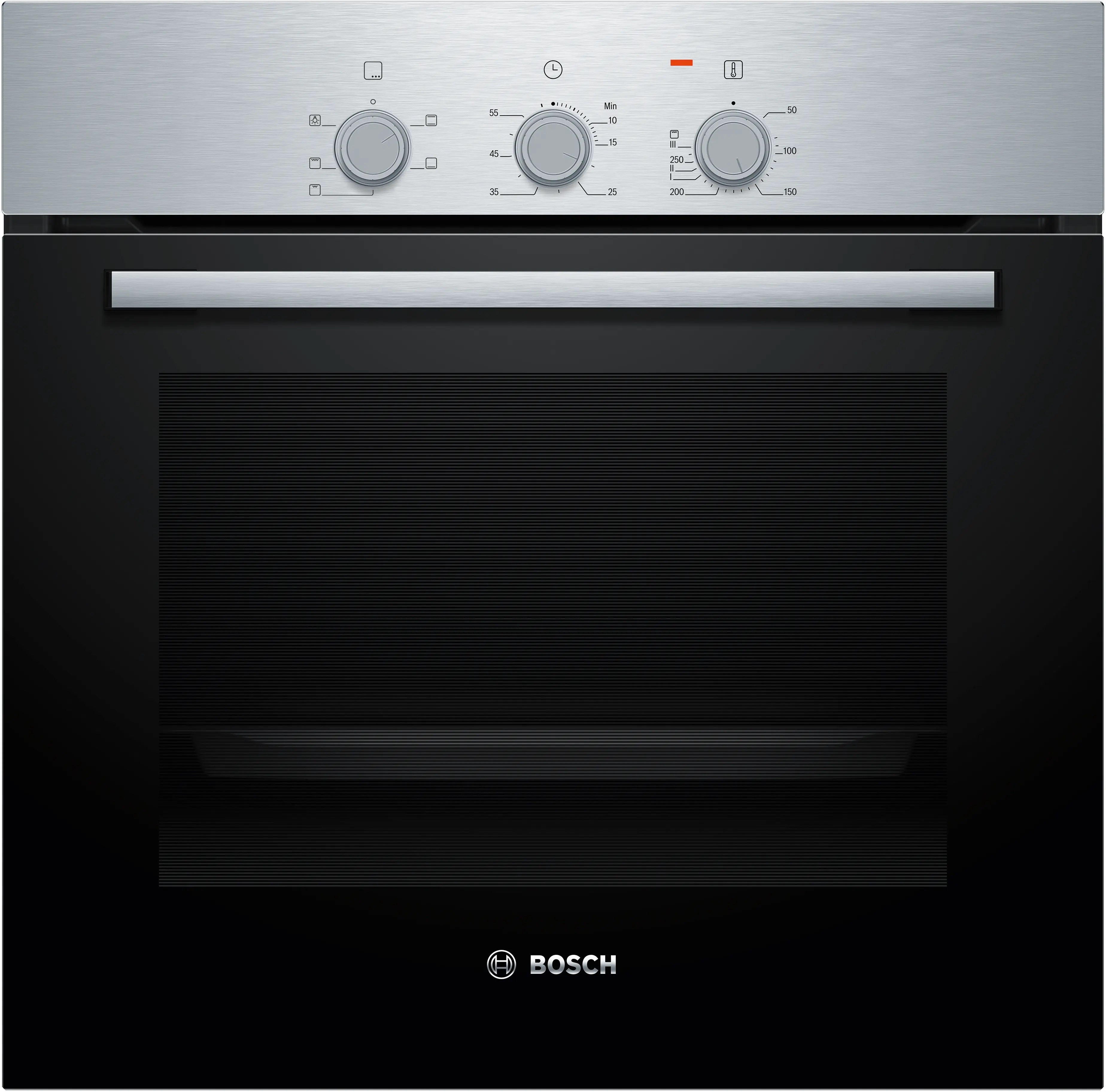 Bosch oven with black door and silver control panel on a white background