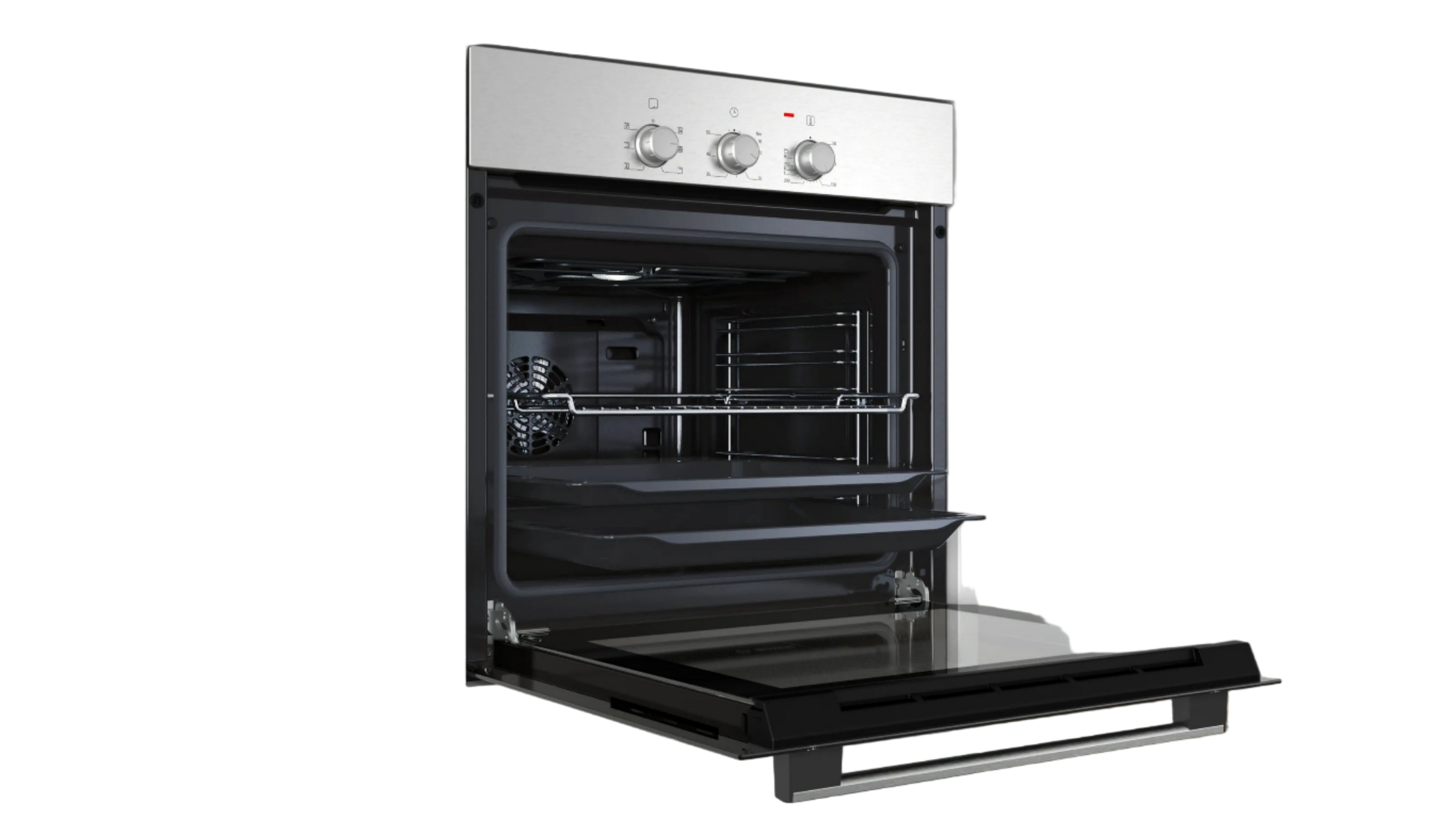 Stainless steel oven with open door in a kitchen setting