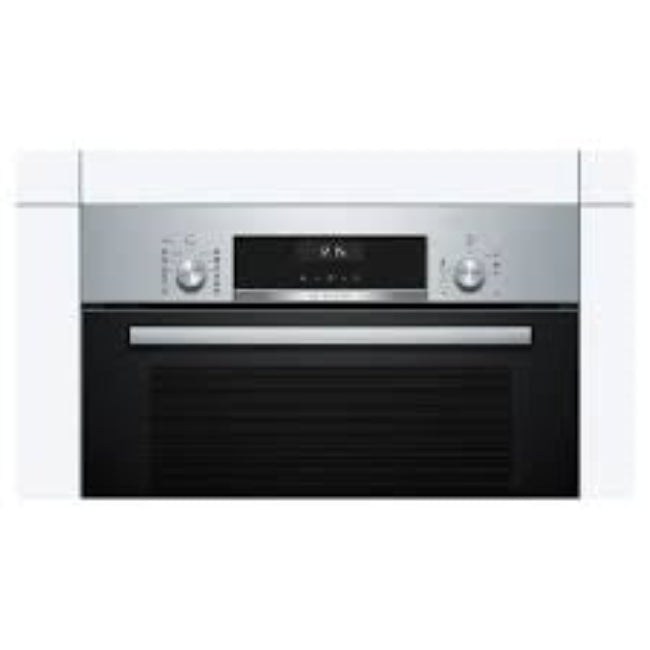 Stainless steel kitchen appliance with digital display on a white background