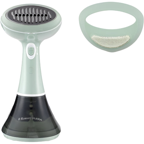 Handheld steamer with a close-up of the nozzle on a white background