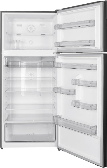 Empty refrigerator with open doors on a white background