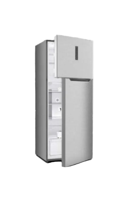 Silver refrigerator with open door on a white background