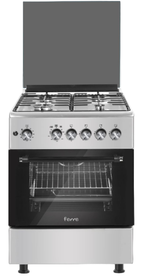 Stainless steel gas range with oven on a white background