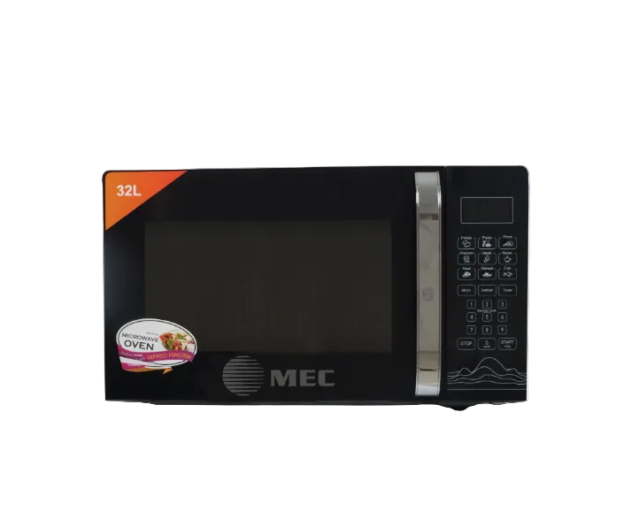 Black microwave oven with digital display on a white background