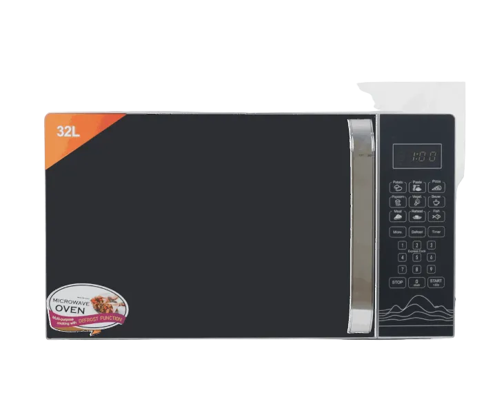 Microwave oven with digital display on a white background