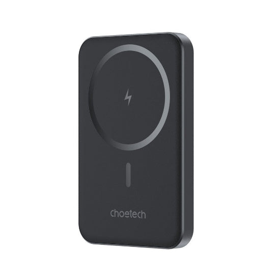 A black CHOETECH brand magnetic wireless power bank with a 5000 Mah capacity. It features a circular design with a lightning bolt symbol in the center and the brand name at the bottom.