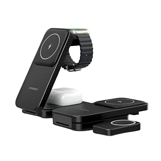 A CHOETECH wireless charging pad with a 3-in-1 magnetic design, capable of charging a smartphone, a smartwatch, and earbuds simultaneously, in black color.