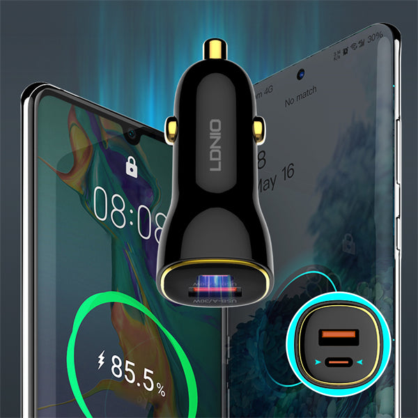 شاحن سيارة سريع Ldnio بقوة 60 واط، PD 30 واط، QC 30 واط، باللون الأسود