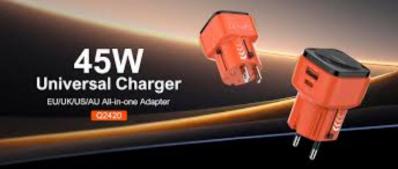 45W Universal Charger with adapter on a dark background