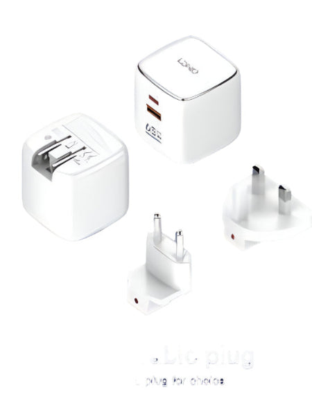 Set of USB power adapters with replaceable plugs on a blue background