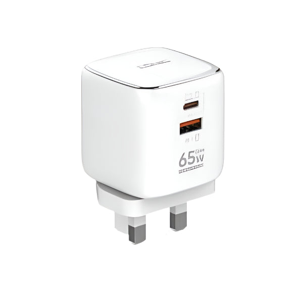 White power adapter with USB-C and USB-A ports on a white background