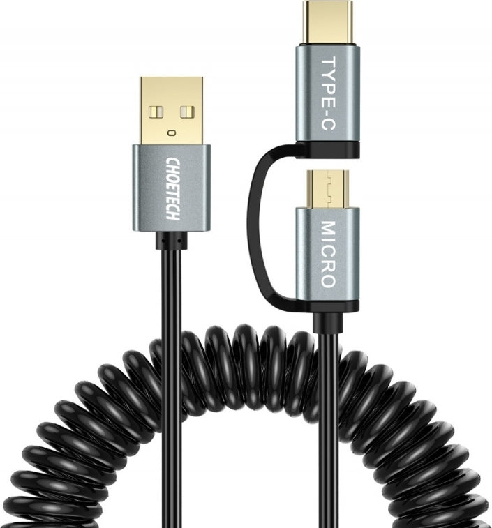 Choetech 2-In-1 Usb-A To Type-C + Micro Spring Pvc Cable Black