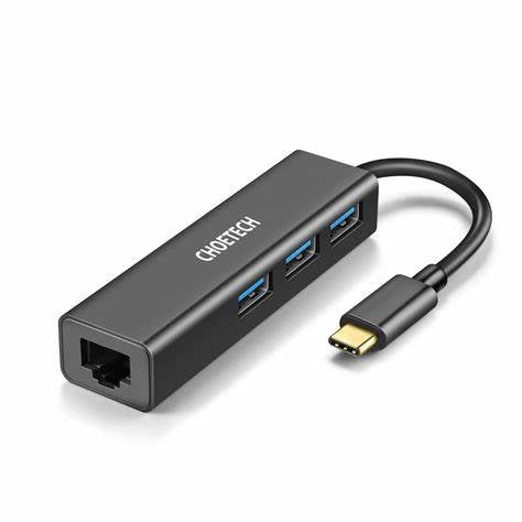 Choetech Gold-Plated Connectors Type C To 1*Rj45 3*Usb 3.0 Hub Black