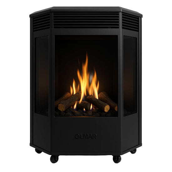 Black corner-mounted gas fireplace with flames and logs on a white background