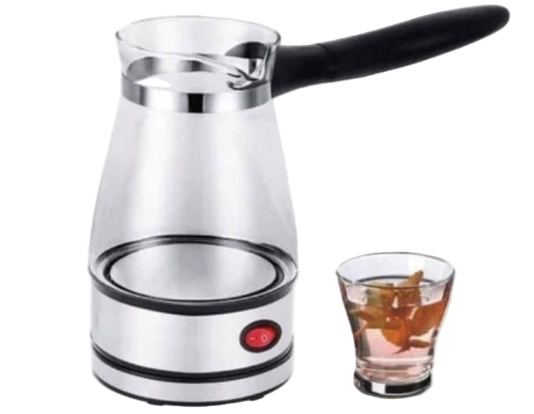 Electric tea maker with a glass of tea on a white background