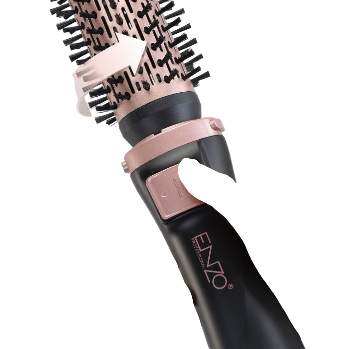 Hair styling tool with pink bristle brush head and black handle held by a hand on a light gray background