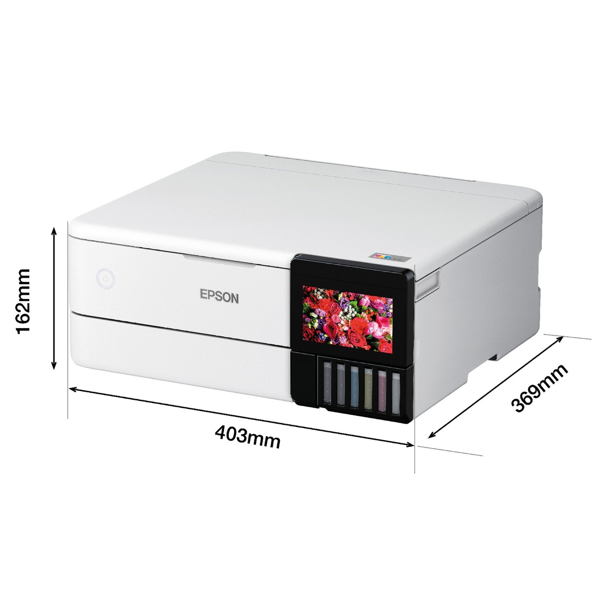 Epson printer with dimensions labeled on a white background