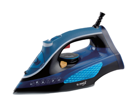 A black and blue G-MAX steam iron with a 2600W power indicator and a water capacity of 300ml.