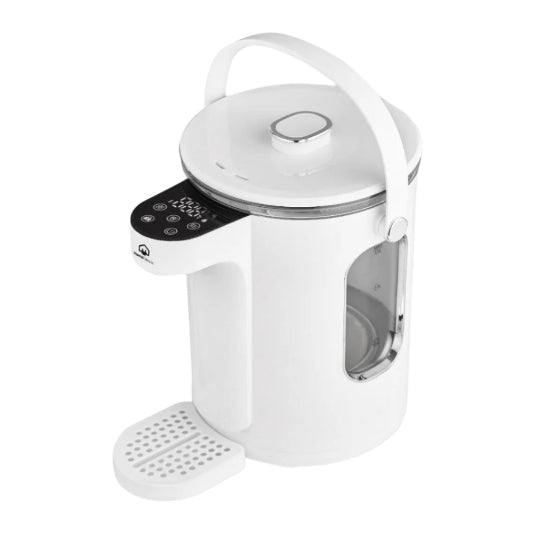 A white Home Electric brand electric water kettle with a 3-liter capacity and a 1600W heating element. It has a sleek design with a large capacity window and a digital display.