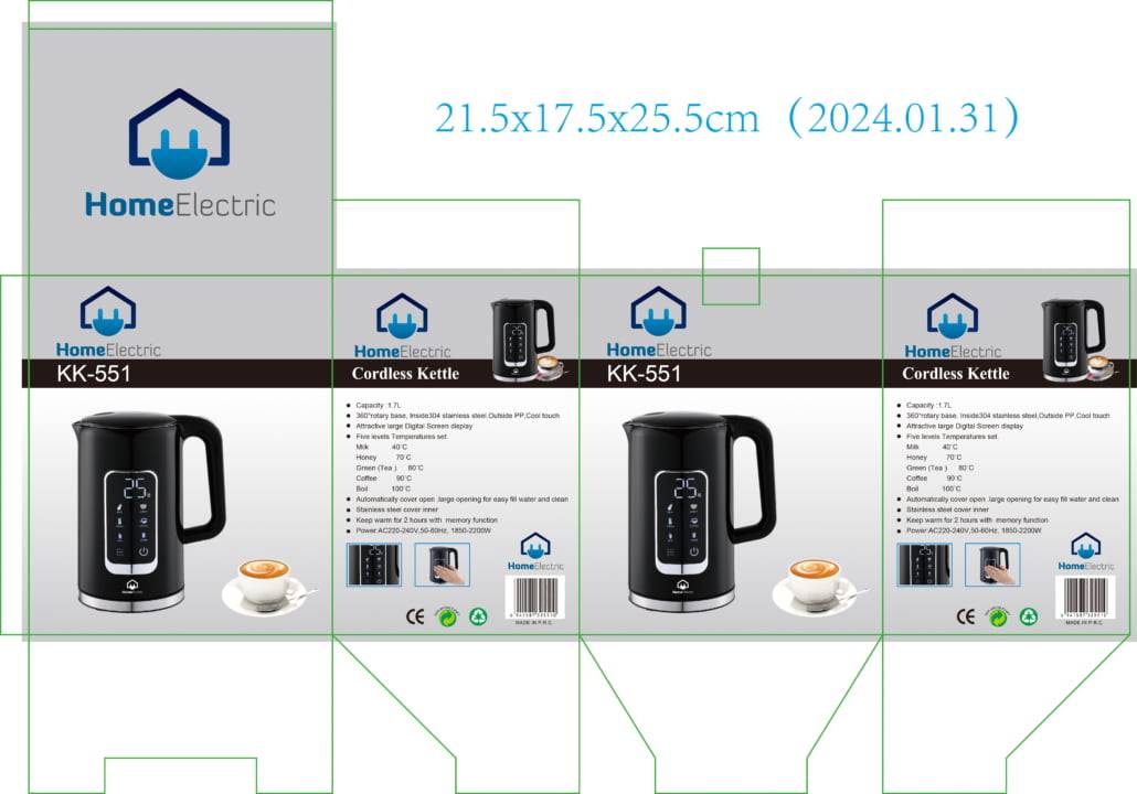 KK-551 / Home electric Kettle Digital , Glass with stainless , 1.7 L , 2200 W, Black and silver, E