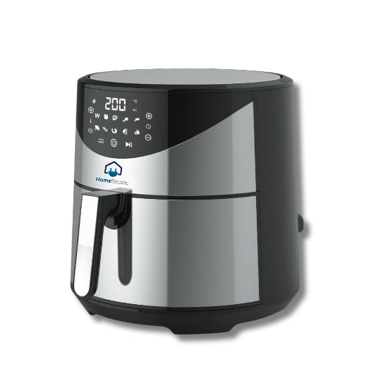 A black and silver electric fryer with a digital display and control panel on the front.