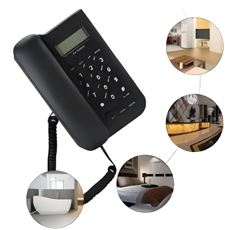 Black landline phone with digital display and earpiece, shown from multiple angles.