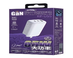RP-U55/REMAX LIGIL SERIES 65W PD+QC GAN MULTI COMPATIBLE FAST CHARGER ONLY (1USB/2 TYPE-C) Type-C / Black / N/A