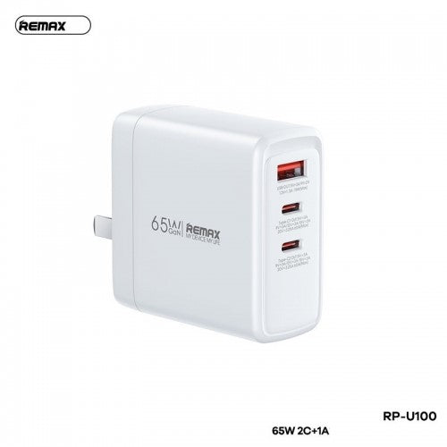 RP-U100/REMAX 65W FAST CHARGING TOAD (2C1A) 2 TYPE-C PORTS + 1 PD Quick Charge QC3.0 PORT Fast Charging / Black / N/A