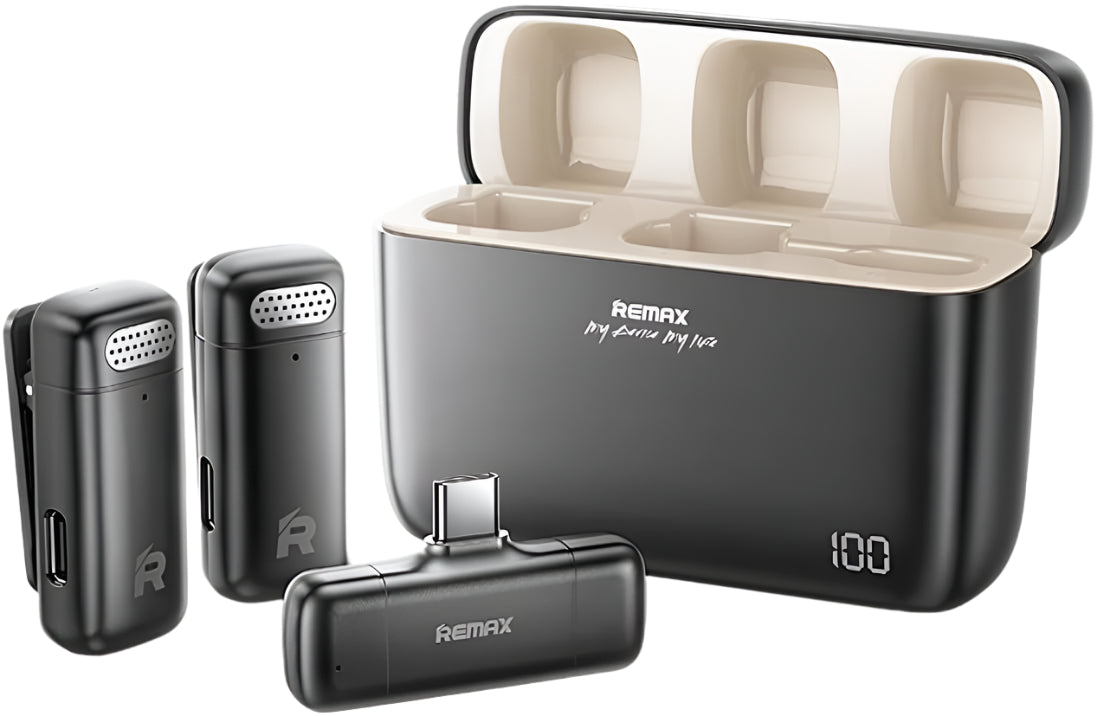 Remax Wireless Microphone 2 in 1 Plug & Play, Auto connect, video shooting & live stream, Black